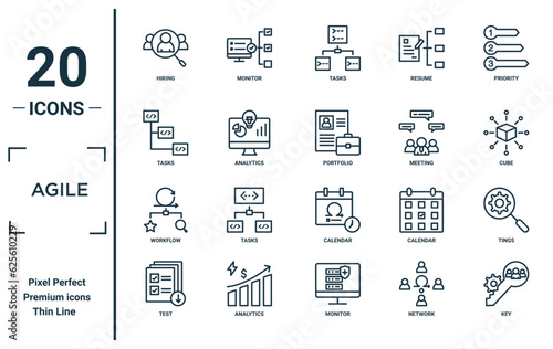 agile linear icon set. includes thin line hiring, tasks, workflow, test, key, portfolio, tings icons for report, presentation, diagram, web design