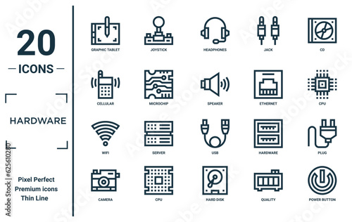 hardware linear icon set. includes thin line graphic tablet, cellular, wifi, camera, power button, speaker, plug icons for report, presentation, diagram, web design
