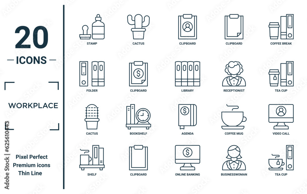 workplace linear icon set. includes thin line stamp, folder, cactus, shelf, tea cup, library, video call icons for report, presentation, diagram, web design workplace linear icon set. includes thin line stamp, folder, cactus, shelf, tea cup, library, video call icons for report, presentation, diagram, web design
