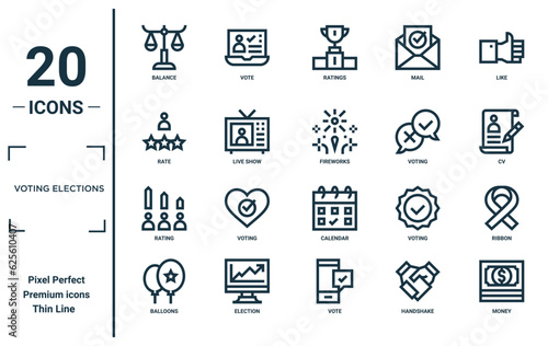 voting elections linear icon set. includes thin line balance, rate, rating, balloons, money, fireworks, ribbon icons for report, presentation, diagram, web design