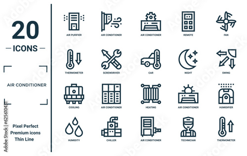 air conditioner linear icon set. includes thin line air purifier, thermometer, cooling, humidity, thermometer, car, humidifier icons for report, presentation, diagram, web design