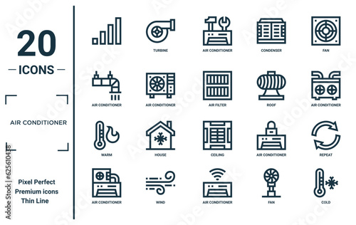 air conditioner linear icon set. includes thin line , air conditioner, warm, air conditioner, cold, filter, repeat icons for report, presentation, diagram, web design