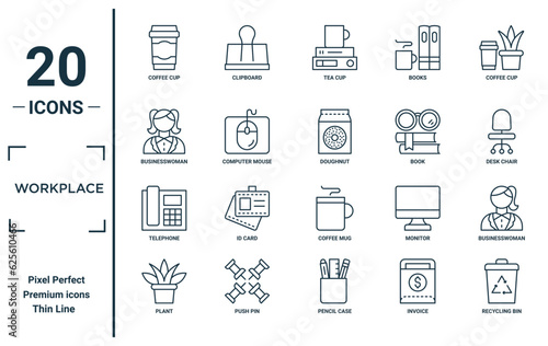 workplace linear icon set. includes thin line coffee cup, businesswoman, telephone, plant, recycling bin, doughnut, businesswoman icons for report, presentation, diagram, web design