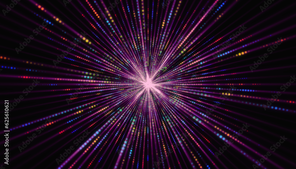 Technology idea backdrop, colorful light streaks and geometric symbol, 3D illustration. With particles, a magic exploding star