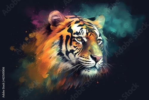 Abstract animal tiger portrait with colorful double exposure paint, generative AI © Kien