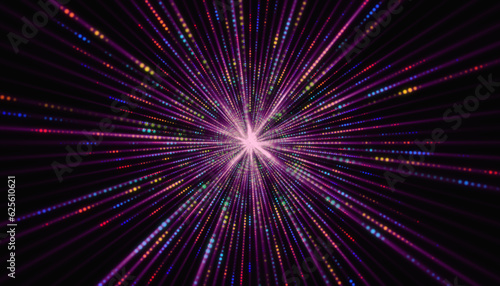 Technology idea backdrop, colorful light streaks and geometric symbol, 3D illustration. With particles, a magic exploding star