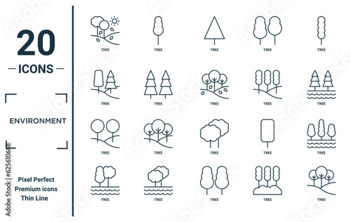 environment linear icon set. includes thin line tree, tree, tree, icons for report, presentation, diagram, web design