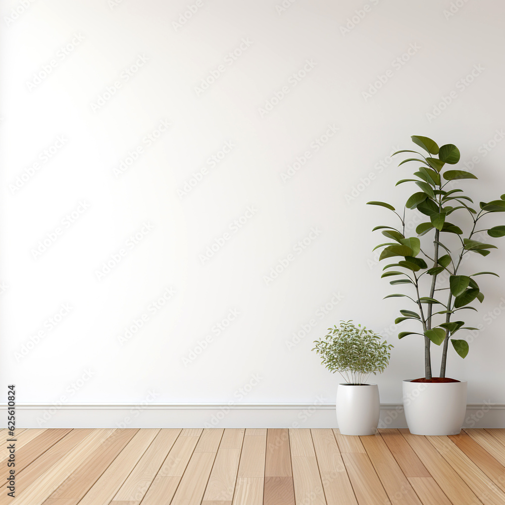 3D rendering White wall mockup, plant and wood floor 3D rendering White wall mockup, plant and wood floor