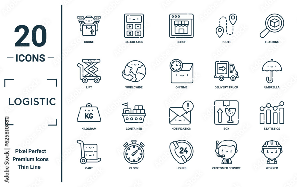 logistic linear icon set. includes thin line drone, lift, kilogram, cart, worker, on time, statistics icons for report, presentation, diagram, web design logistic linear icon set. includes thin line drone, lift, kilogram, cart, worker, on time, statistics icons for report, presentation, diagram, web design