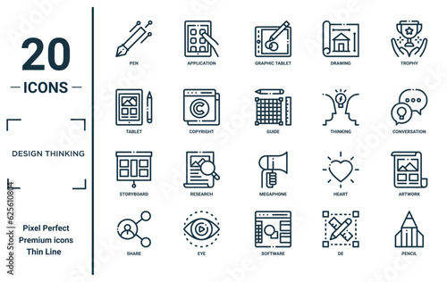 design thinking linear icon set. includes thin line pen, tablet, storyboard, share, pencil, guide, artwork icons for report, presentation, diagram, web design