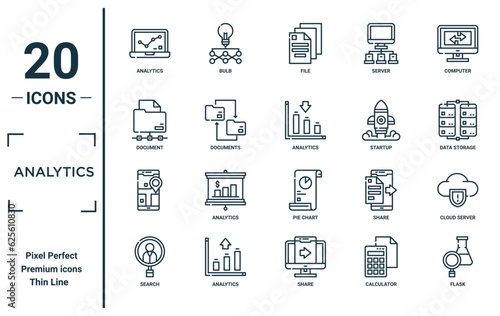 analytics linear icon set. includes thin line analytics, document, , search, flask, analytics, cloud server icons for report, presentation, diagram, web design
