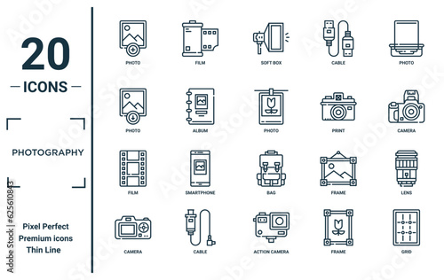 photography linear icon set. includes thin line photo, photo, film, camera, grid, photo, lens icons for report, presentation, diagram, web design