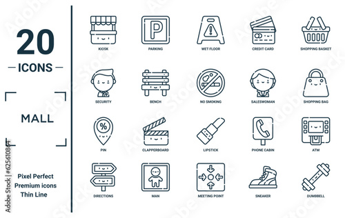 mall linear icon set. includes thin line kiosk, security, pin, directions, dumbbell, no smoking, atm icons for report, presentation, diagram, web design