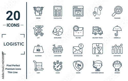logistic linear icon set. includes thin line drone, lift, kilogram, cart, worker, on time, statistics icons for report, presentation, diagram, web design