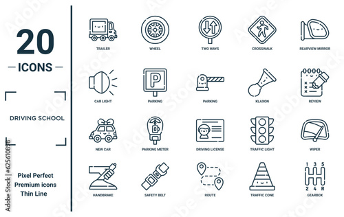 driving school linear icon set. includes thin line trailer, car light, new car, handbrake, gearbox, parking, wiper icons for report, presentation, diagram, web design