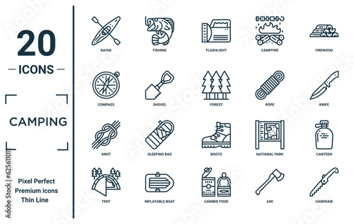 camping linear icon set. includes thin line kayak, compass, knot, tent, handsaw, forest, canteen icons for report, presentation, diagram, web design