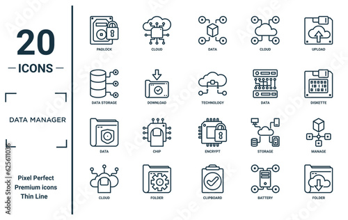 data manager linear icon set. includes thin line padlock, data storage, data, cloud, folder, technology, manage icons for report, presentation, diagram, web design