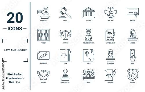 law and justice linear icon set. includes thin line witness, prison, evidence, justice, police, police officer, fine icons for report, presentation, diagram, web design