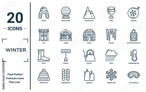 winter linear icon set. includes thin line scarf, ski, boot, winter hat, ski goggles, igloo, thermometer icons for report, presentation, diagram, web design
