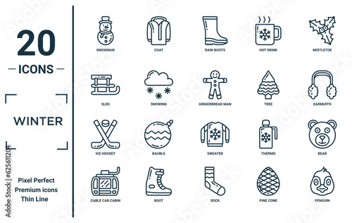 winter linear icon set. includes thin line snowman, sled, ice hockey, cable car cabin, penguin, gingerbread man, bear icons for report, presentation, diagram, web design