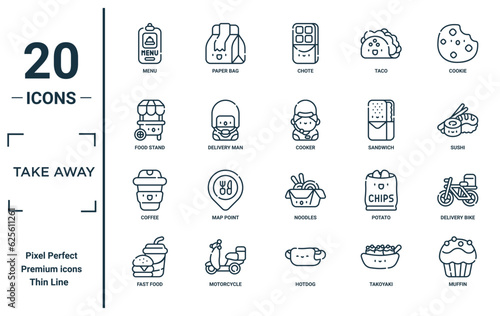 take away linear icon set. includes thin line menu, food stand, coffee, fast food, muffin, cooker, delivery bike icons for report, presentation, diagram, web design