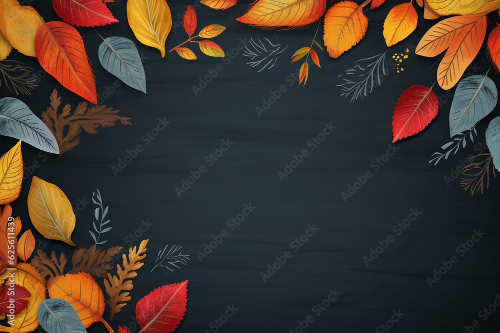 Autumn leaves and dark chalkboard background. Back to school concept. Generative AI