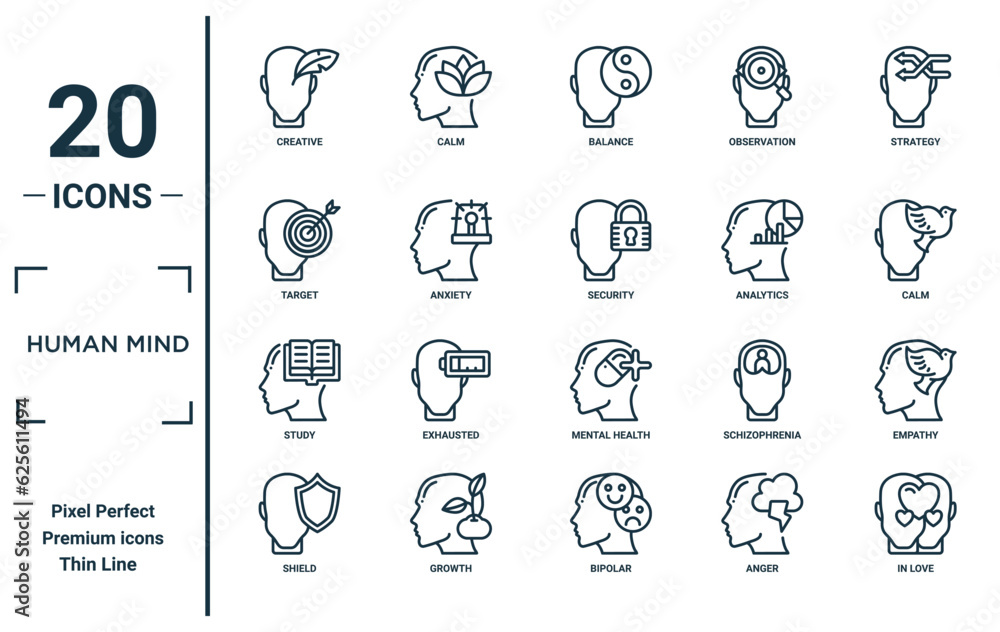 human mind linear icon set. includes thin line creative, target, study, shield, in love, security, empathy icons for report, presentation, diagram, web design