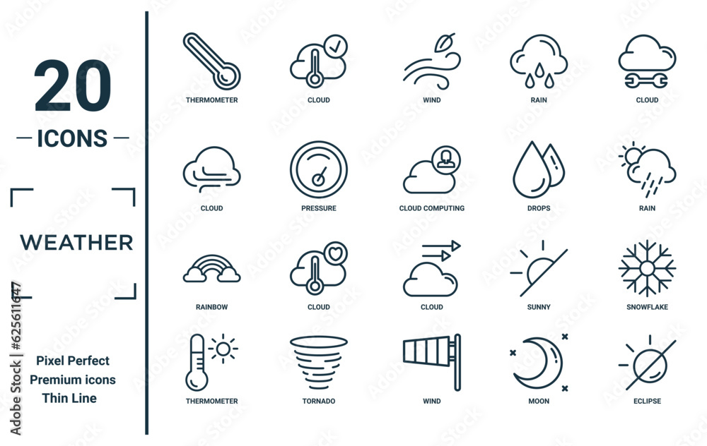 weather linear icon set. includes thin line thermometer, cloud, rainbow ...