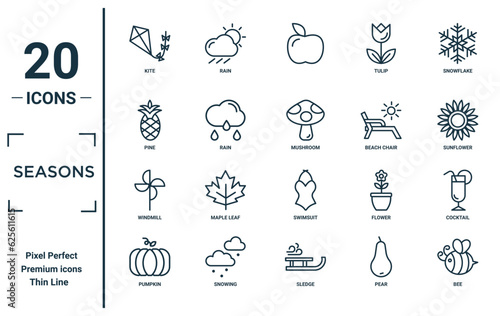 seasons linear icon set. includes thin line kite, pine, windmill, pumpkin, bee, mushroom, cocktail icons for report, presentation, diagram, web design
