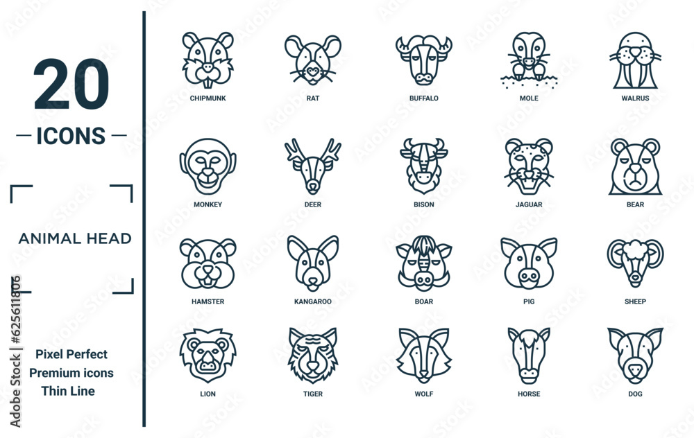 animal head linear icon set. includes thin line chipmunk, monkey ...