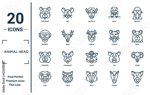 animal head linear icon set. includes thin line chipmunk, monkey, hamster, lion, dog, bison, sheep icons for report, presentation, diagram, web design