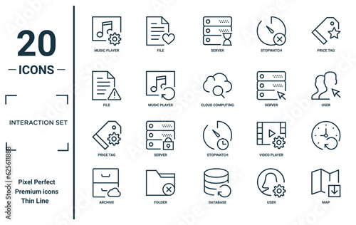 interaction set linear icon set. includes thin line music player, file, price tag, archive, map, cloud computing, icons for report, presentation, diagram, web design