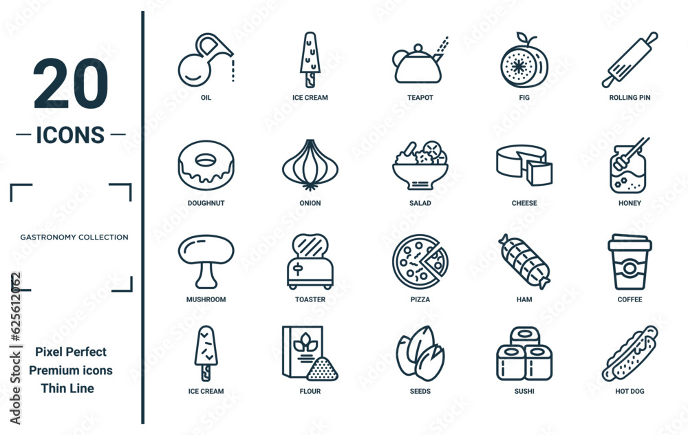 gastronomy collection linear icon set. includes thin line oil, doughnut ...