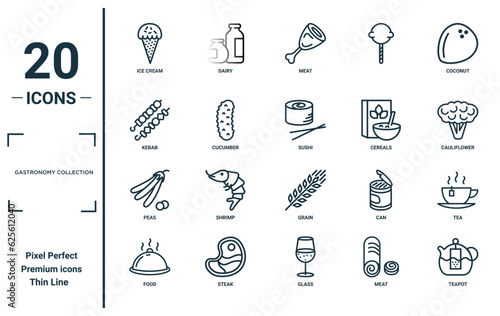 gastronomy collection linear icon set. includes thin line ice cream, kebab, peas, food, teapot, sushi, tea icons for report, presentation, diagram, web design