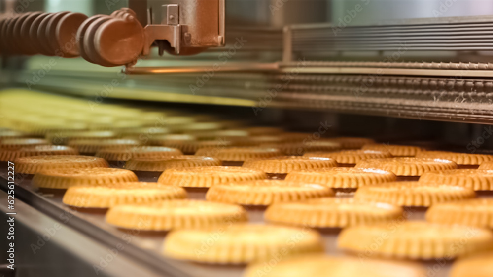 Cakes on automatic conveyor belt or line. Many delicious cookies on production line. Process of baking in confectionery culinary factory or plant. 
