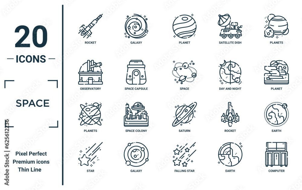 space linear icon set. includes thin line rocket, observatory, planets, star, computer, space, earth icons for report, presentation, diagram, web design
