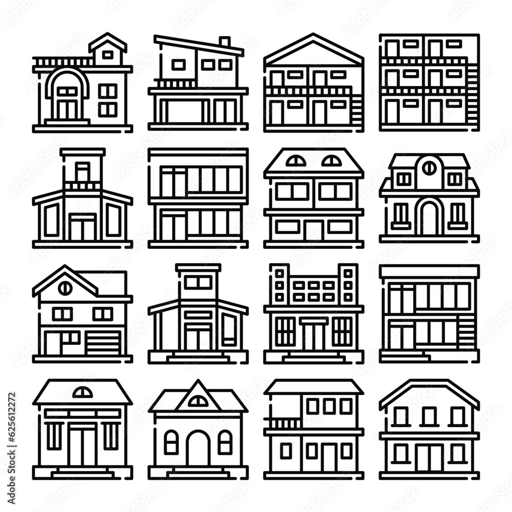  Set of house line art, building illustration vector