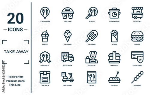 take away linear icon set. includes thin line placeholder, frappe, guarantee, lunch box, tanghulu, ice cream, credit card icons for report, presentation, diagram, web design