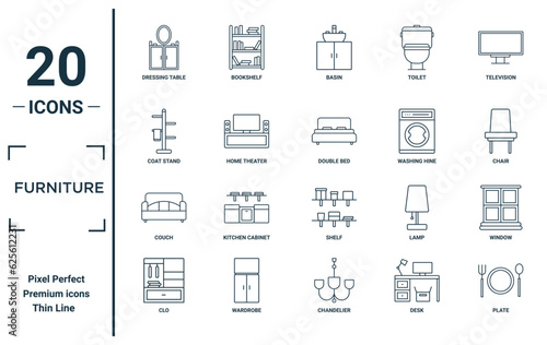furniture linear icon set. includes thin line dressing table, coat stand, couch, clo, plate, double bed, window icons for report, presentation, diagram, web design