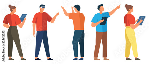 Automation business. Vector illustration. Business people and developers and designers working together, touch screen devices and robots Developer with open robotic soft Optimization and efficiency