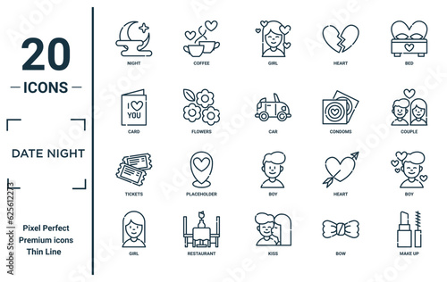 date night linear icon set. includes thin line night, card, tickets, girl, make up, car, boy icons for report, presentation, diagram, web design