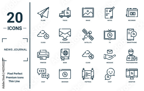news journal linear icon set. includes thin line plane, cloud, printer, chat, monitor, satellite, photographer icons for report, presentation, diagram, web design