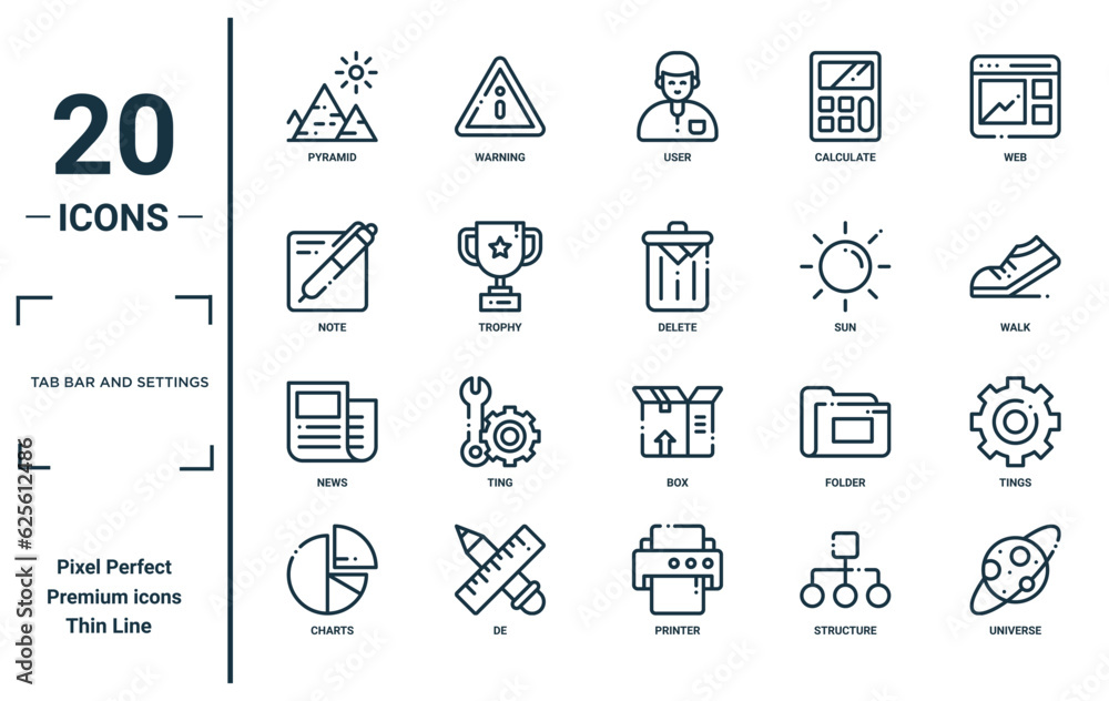 tab bar and settings linear icon set. includes thin line pyramid, note ...