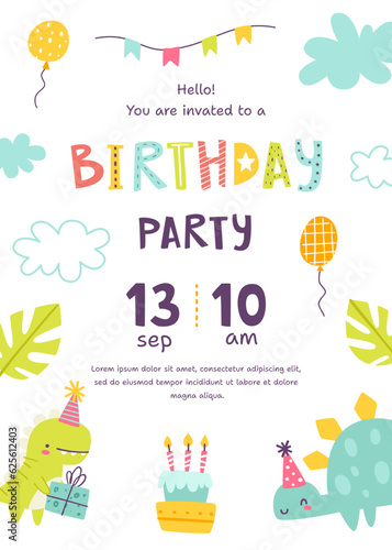 Children's birthday invitation with cute dino. Kids birthday party card with festive dinosaurs and decoration.