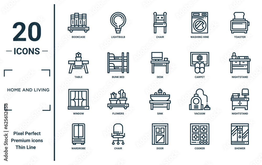 home and living linear icon set. includes thin line bookcase, table ...