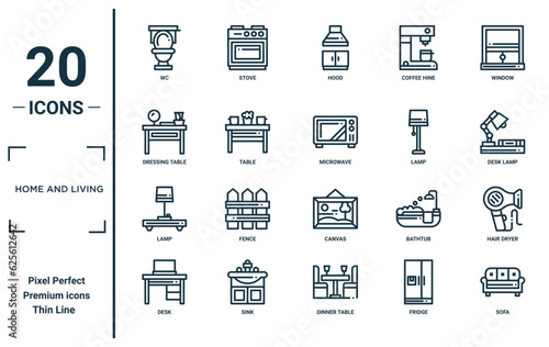 home and living linear icon set. includes thin line wc, dressing table, lamp, desk, sofa, microwave, hair dryer icons for report, presentation, diagram, web design