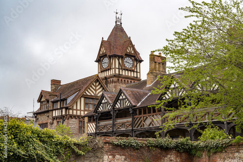 Grand clock tower on old buldings in Ledbury