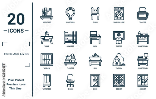 home and living linear icon set. includes thin line bookcase, table, window, wardrobe, shower, desk, nightstand icons for report, presentation, diagram, web design