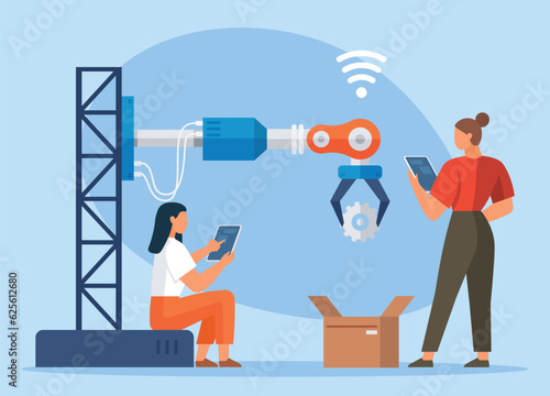 Automation business. Vector illustration. Robotic process automation as an innovation improving productivity, reliability and repeatability in systems or processes Marketing automation line