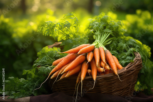 Wicker basket full of carrots on green leaves background